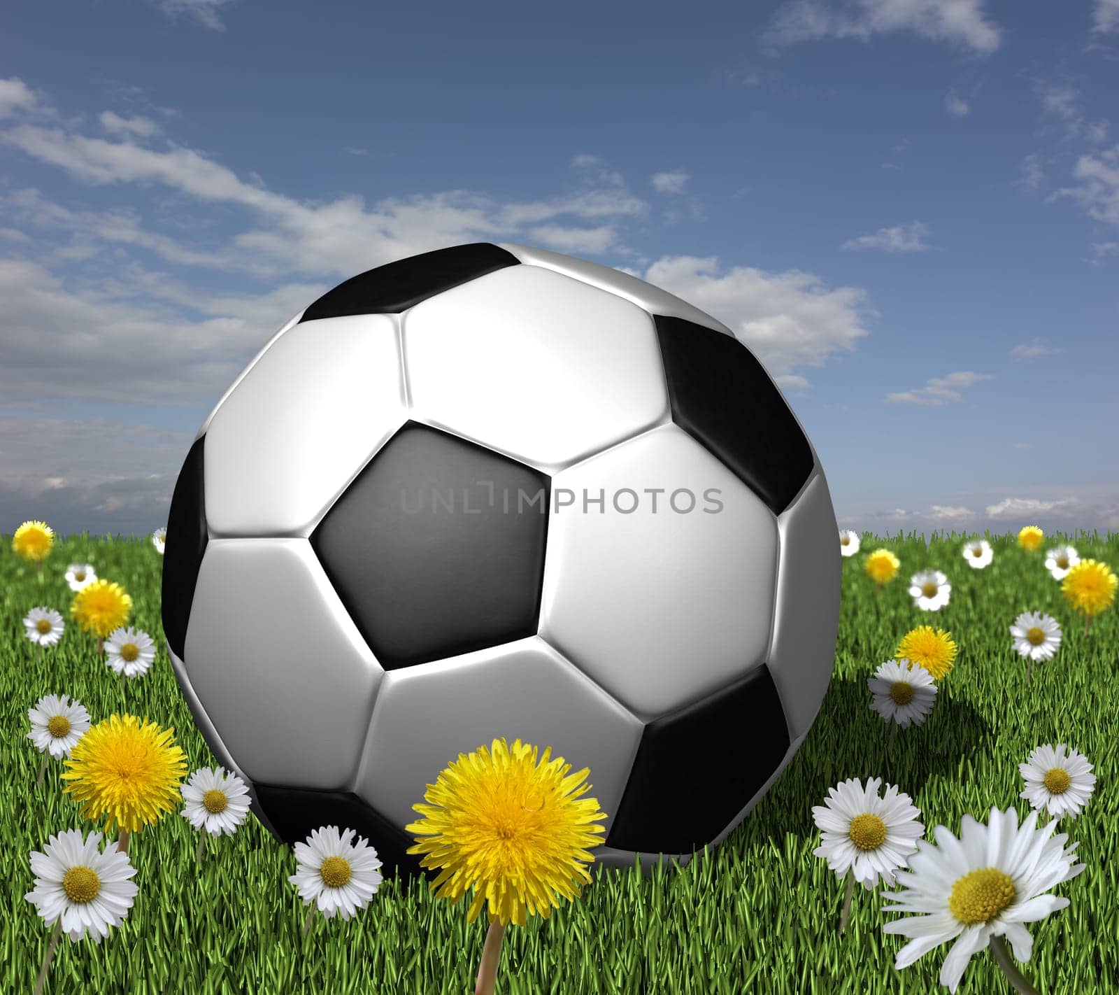 Soccer ball on grass with flowers