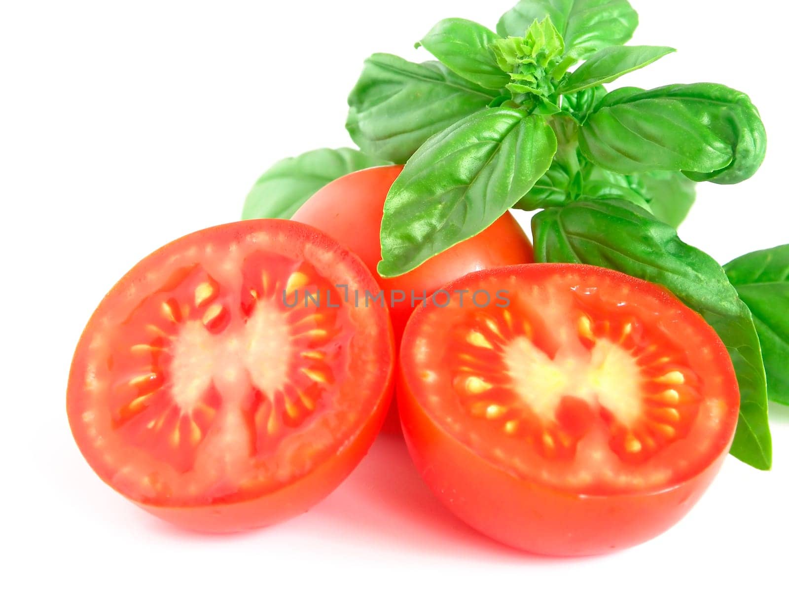 Basil and tomato with white background