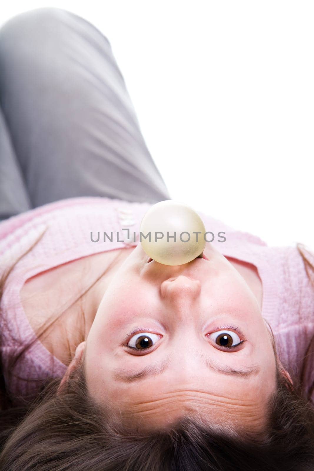 young girl with bubble gum isolated