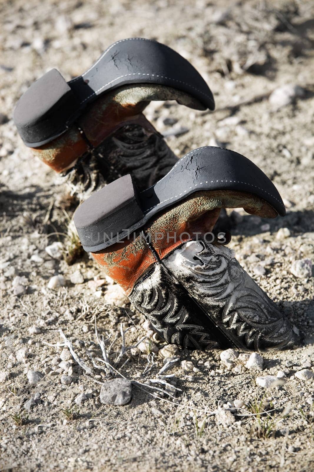 cowboy boots buried in dirt