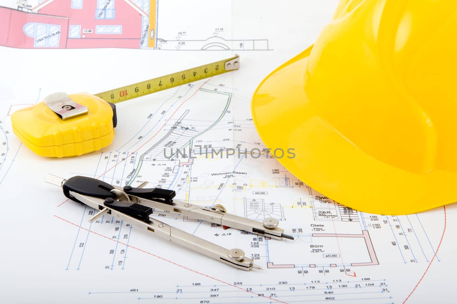 Blueprint with safety helmet