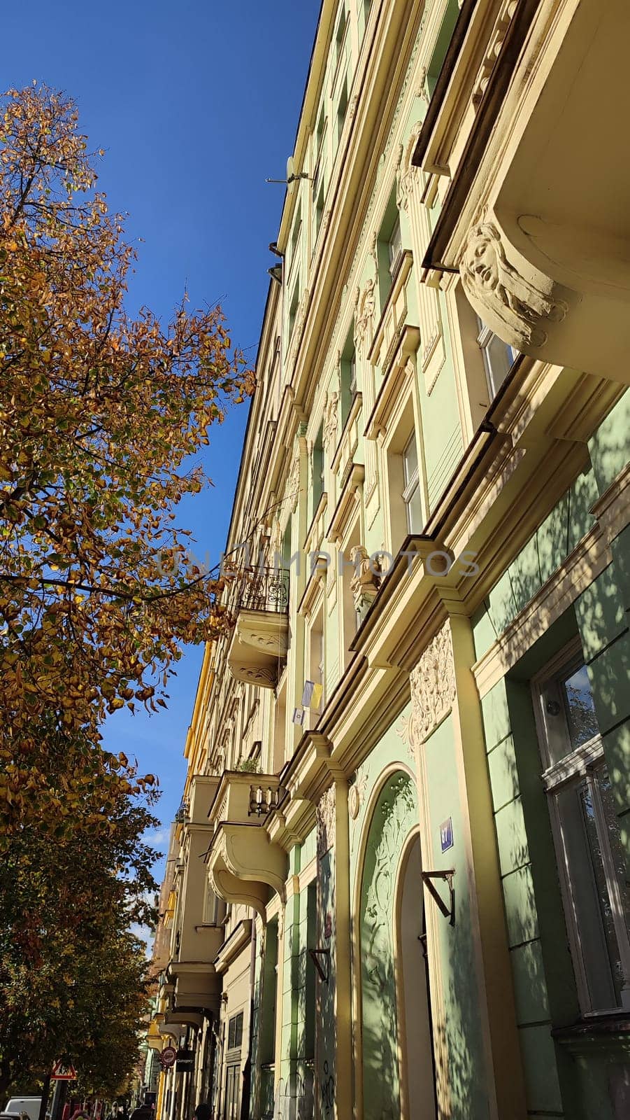 Sunlit autumn building architecture street windows blue sky landscape autumn nature tree vintage . High quality photo