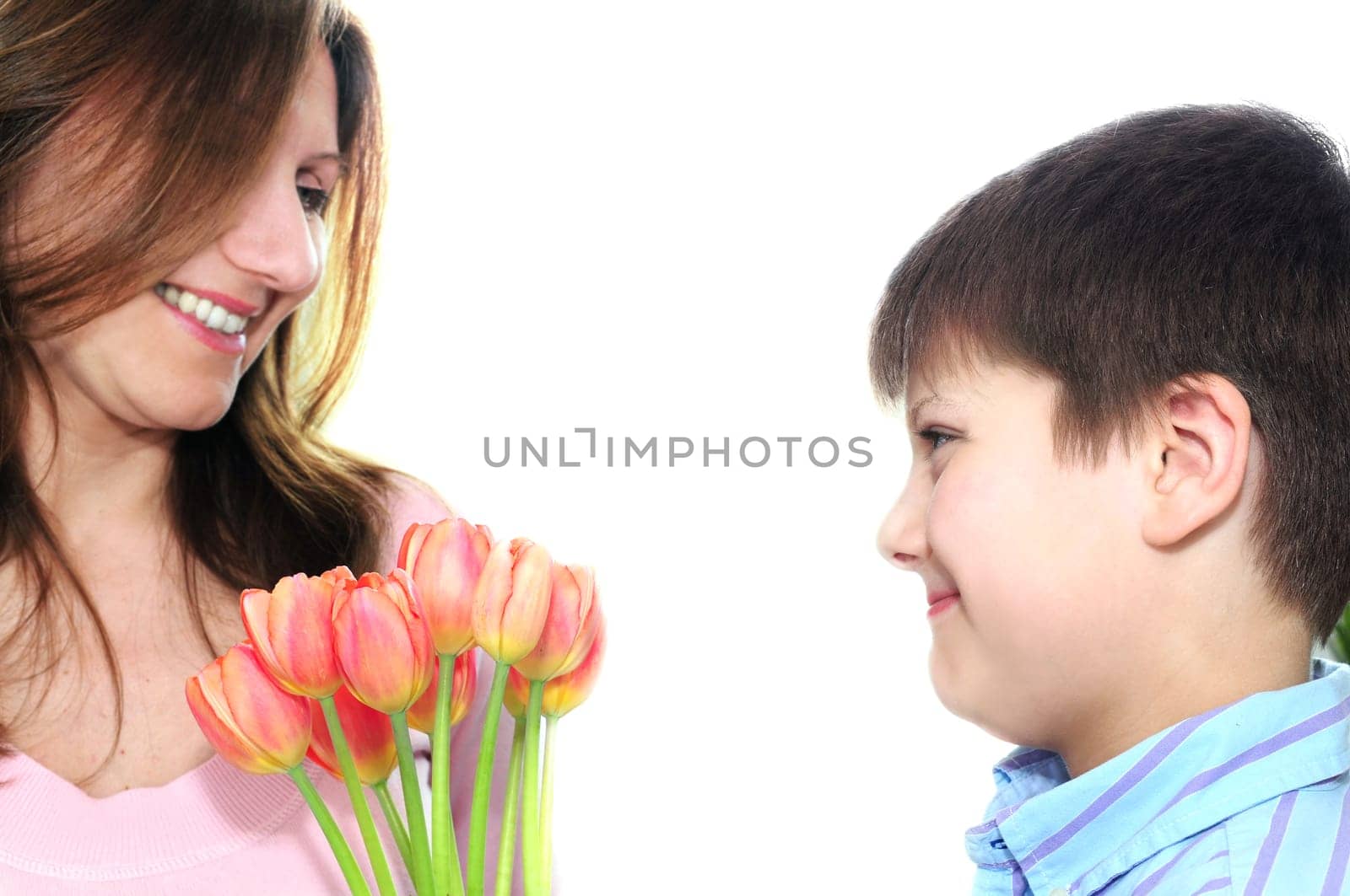 Mother and son with flowers