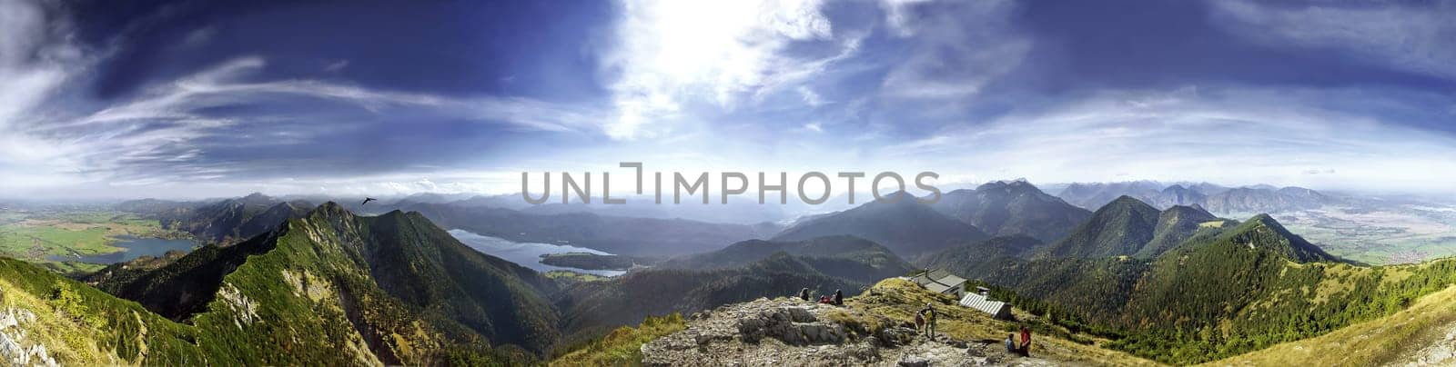 260° panorama shot of the Heimgarten near Garmisch-Partenkirchen with a view of the Herzogstand and the Walchen and Kochelsee.