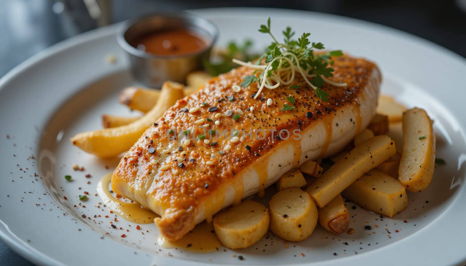 A plate of fish and fries with a garnish of parsley. The plate is set on a table with wine glasses and a bowl