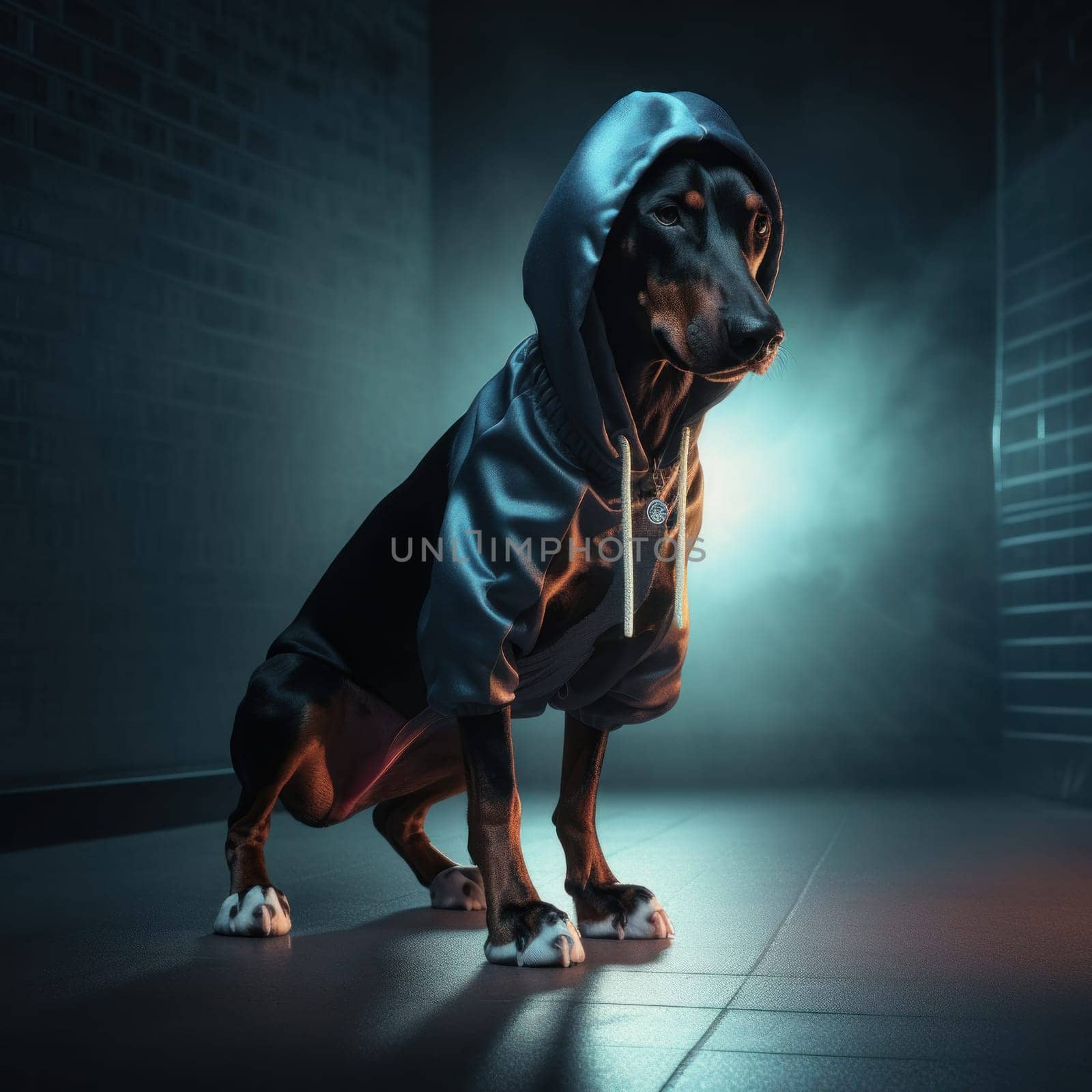 A furry four-legged friend wears a stylish hoodie in black and brown, making a fashion statement with their trendy outfit. Fashionable canine apparel, AI Generative.