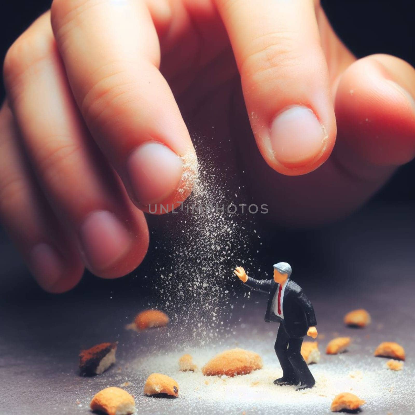 greedy elegant man beg grab fight desperate for gold confetti from a big boss hand, greed concept by verbano