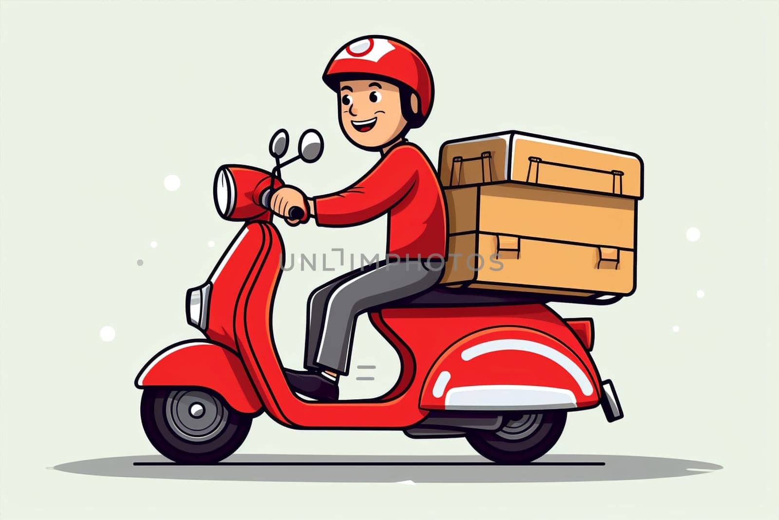 Man box car scooter courier transportation red motorcycle fast business package order online motorbike delivery city speed food deliver service bike