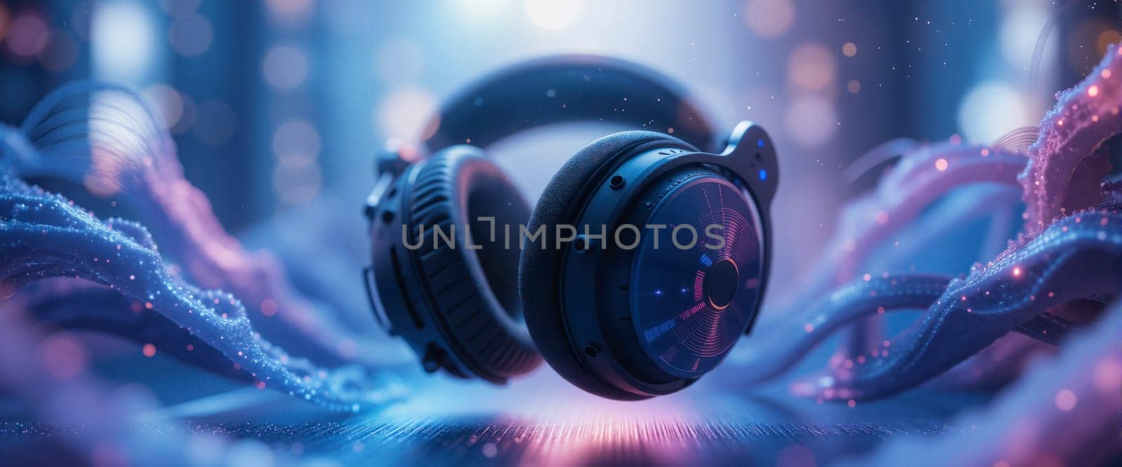 A pair of headphones is on a sandy beach. The headphones are black and the beach is blue and pink