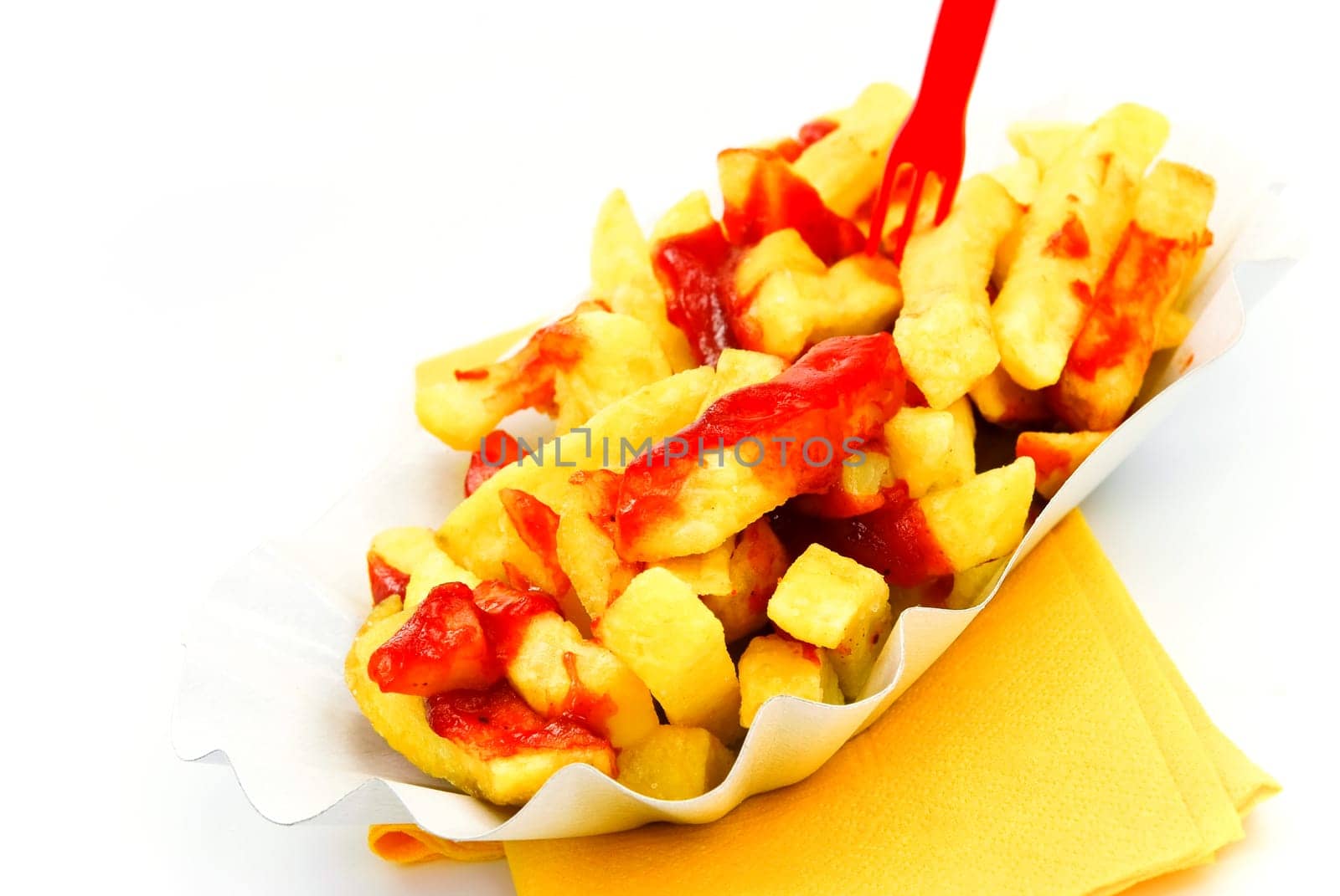 French fries with ketchup - on white