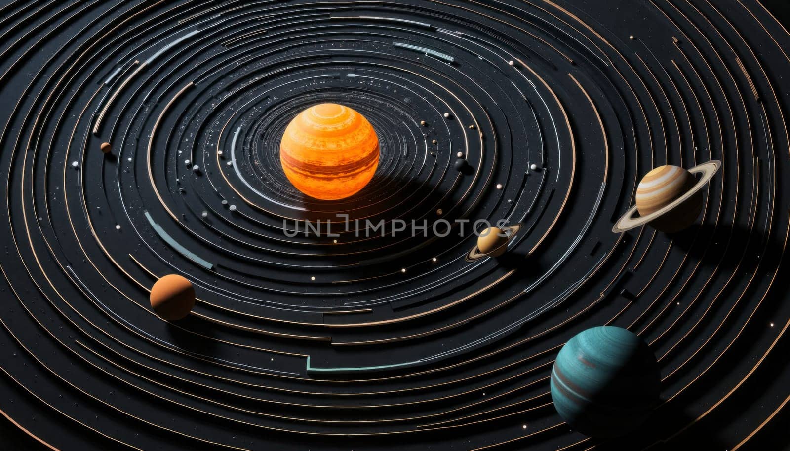 A close up of the planets in the solar system. The sun is in the center and the planets are arranged in a circle