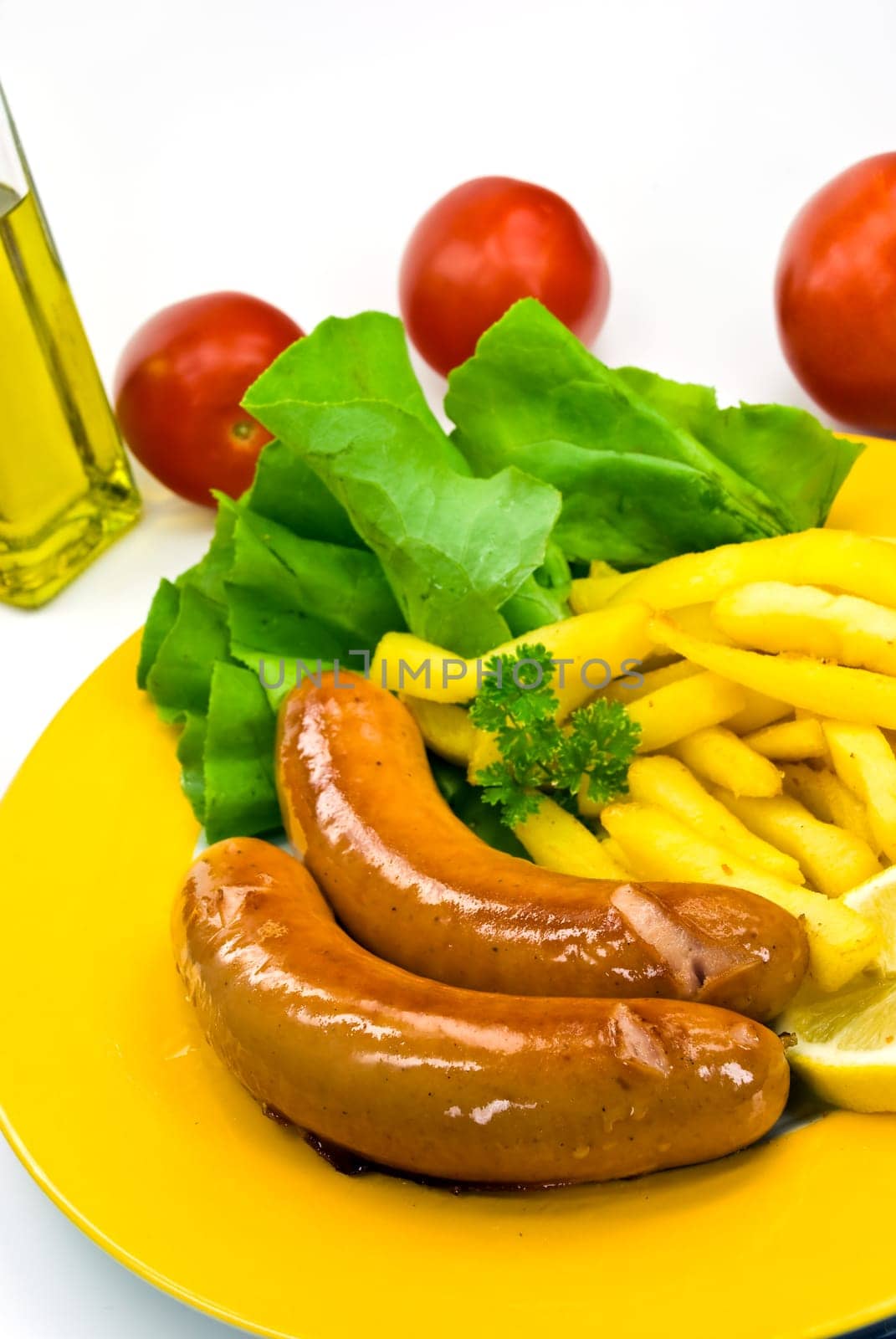 German bratwurst,french fries,salad