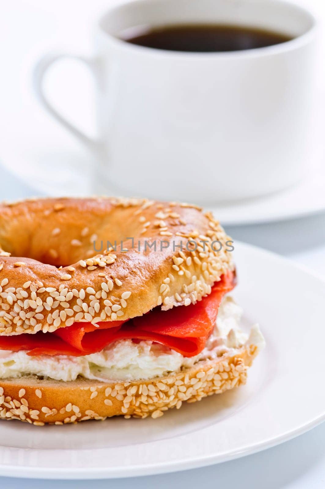 Smoked salmon bagel and coffee