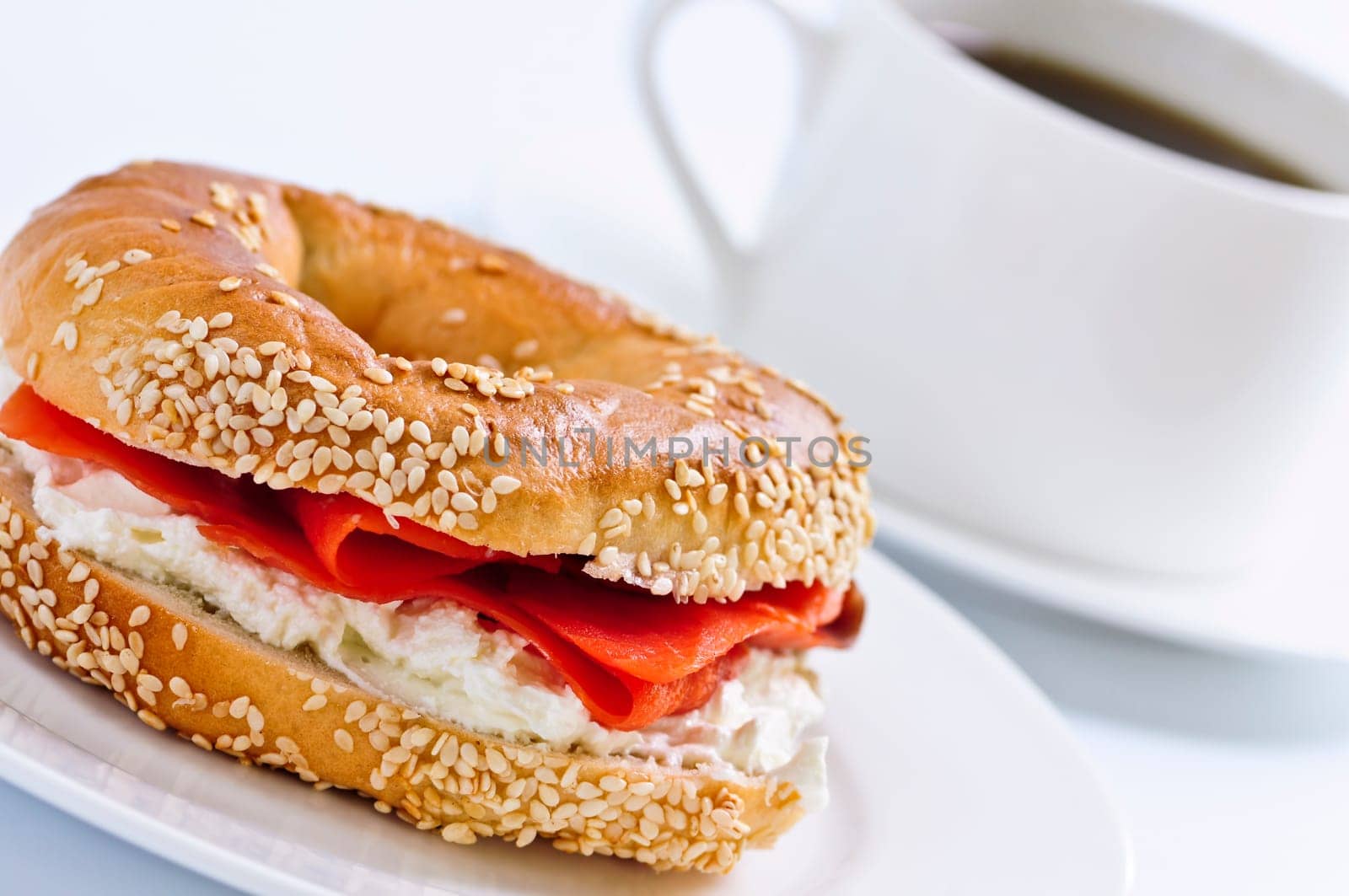 Smoked salmon bagel and coffee