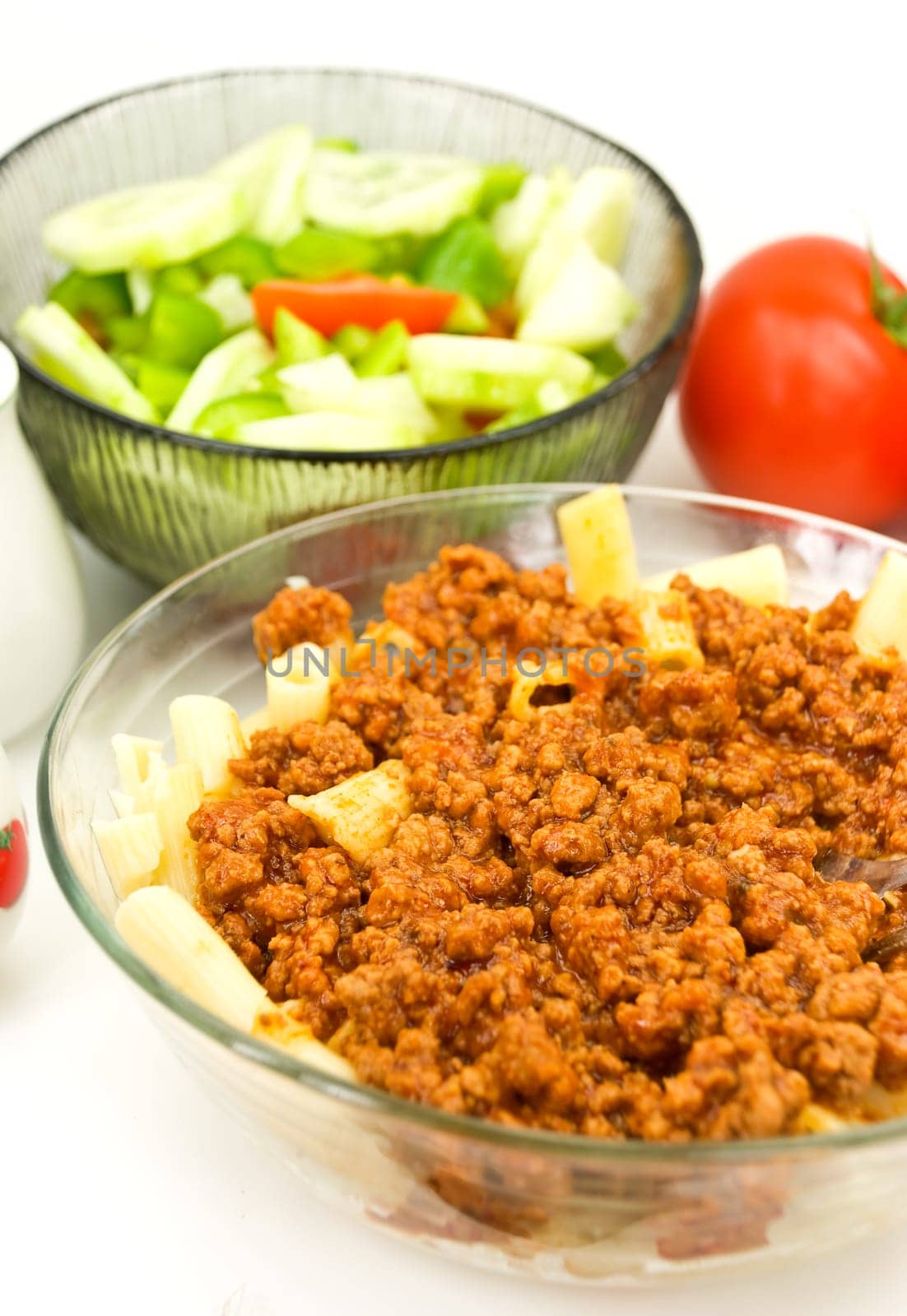 Spaghetti Macaroni Bolognese with Salad