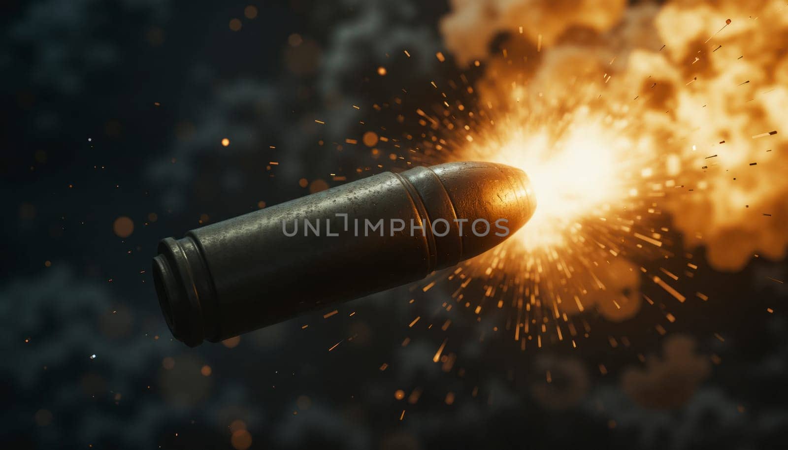 A bullet is shot out of a gun and is in the air. The image has a dark and intense mood, with the bullet leaving a trail of smoke and fire behind it