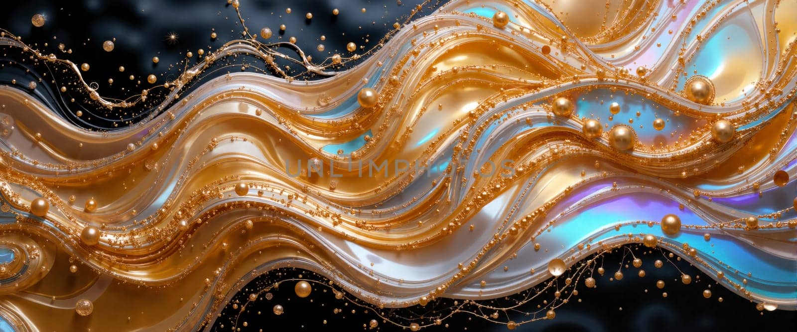 A gold and blue wave with many small gold and blue beads. The beads are scattered all over the wave, giving it a shimmering and sparkling appearance. Concept of luxury and opulence, as the gold