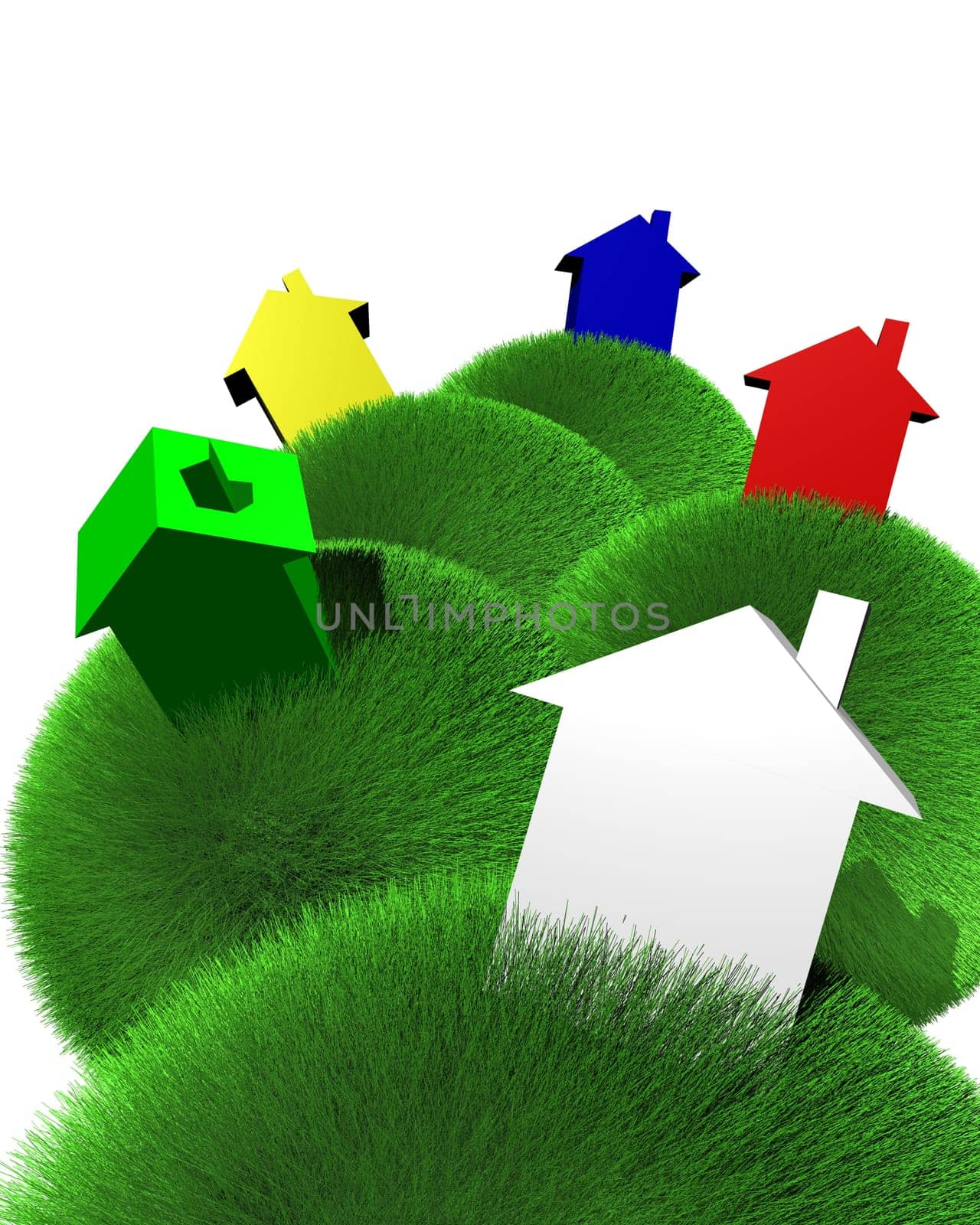 houses and sphere of grass