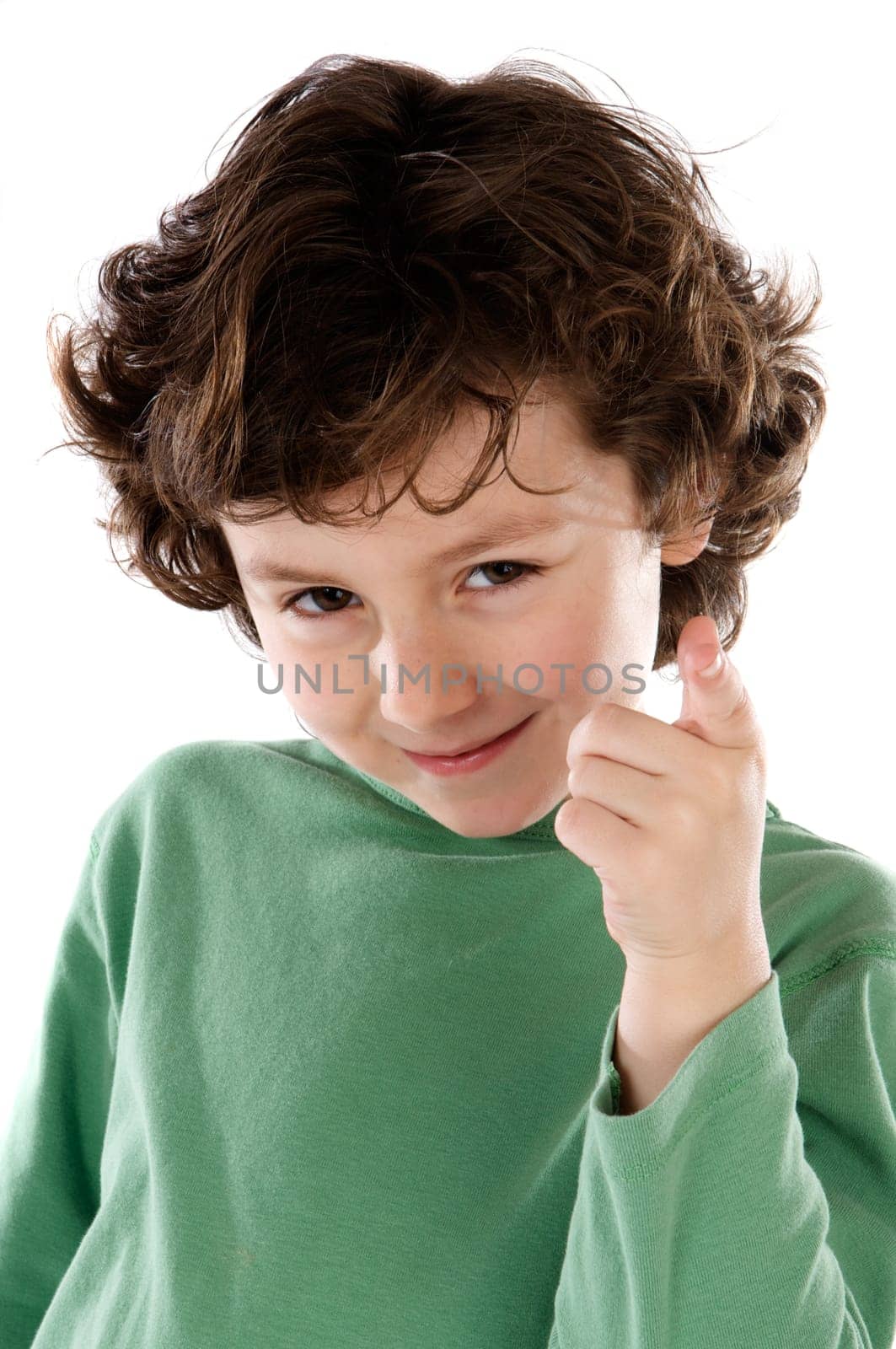 Funny boy pointing with the finger