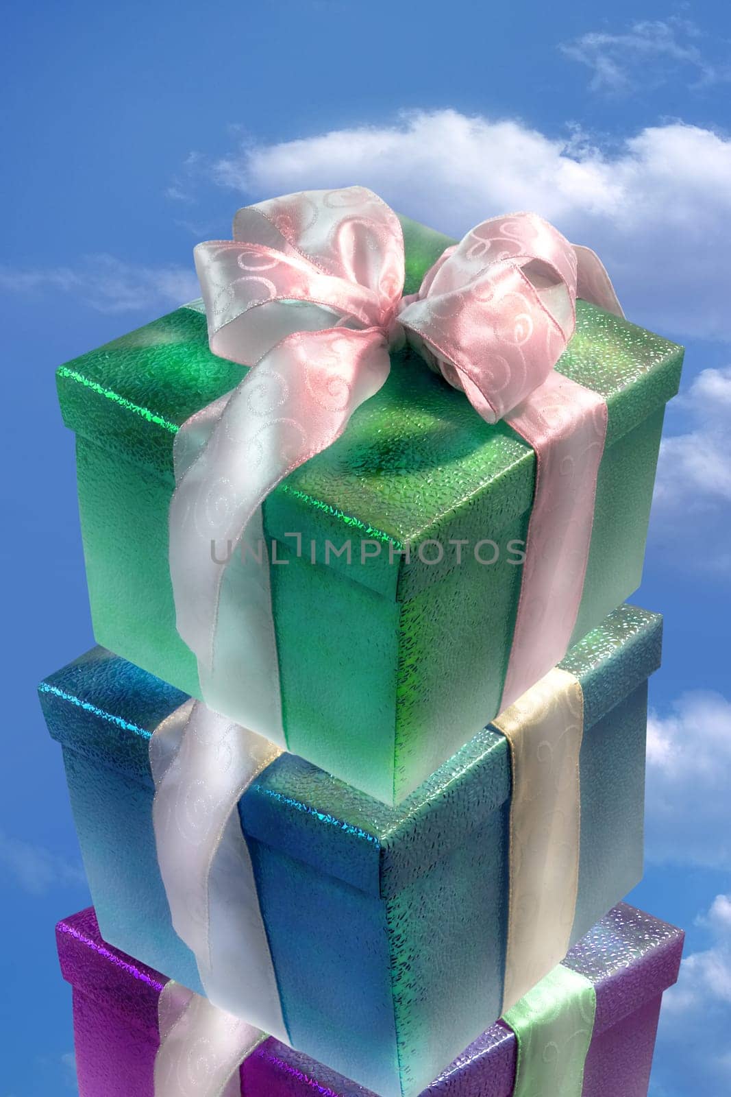 gift boxes close up in clear sky