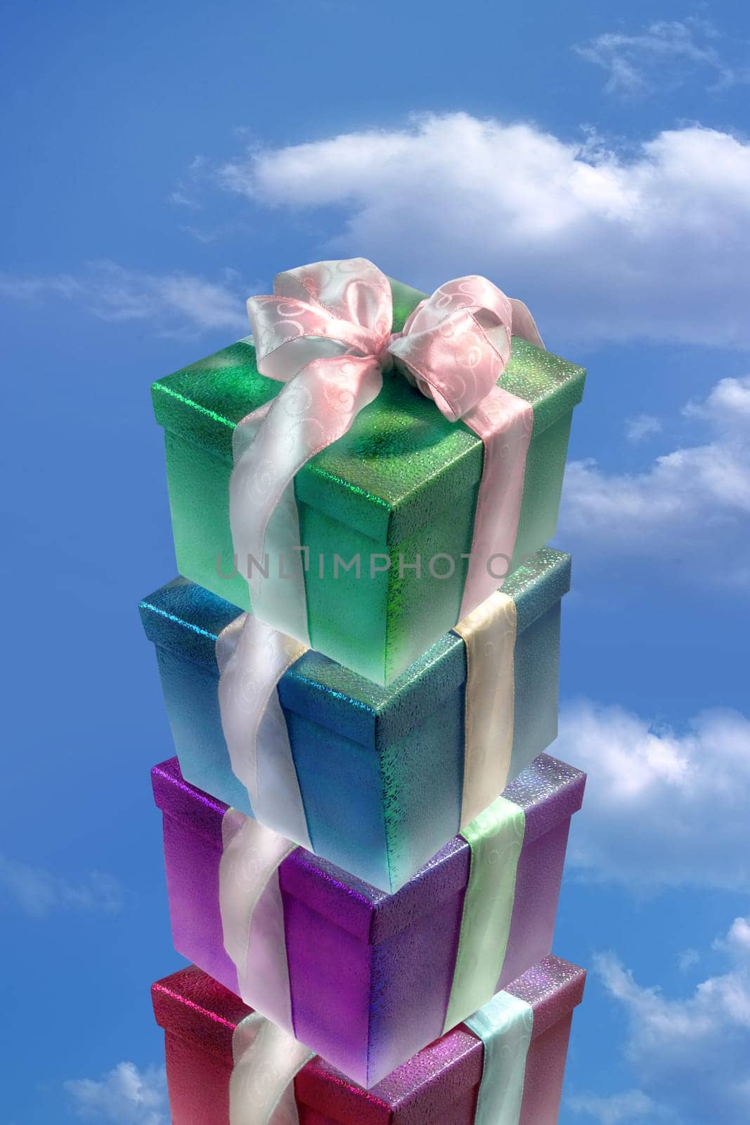 pile of gift boxes and blue sky