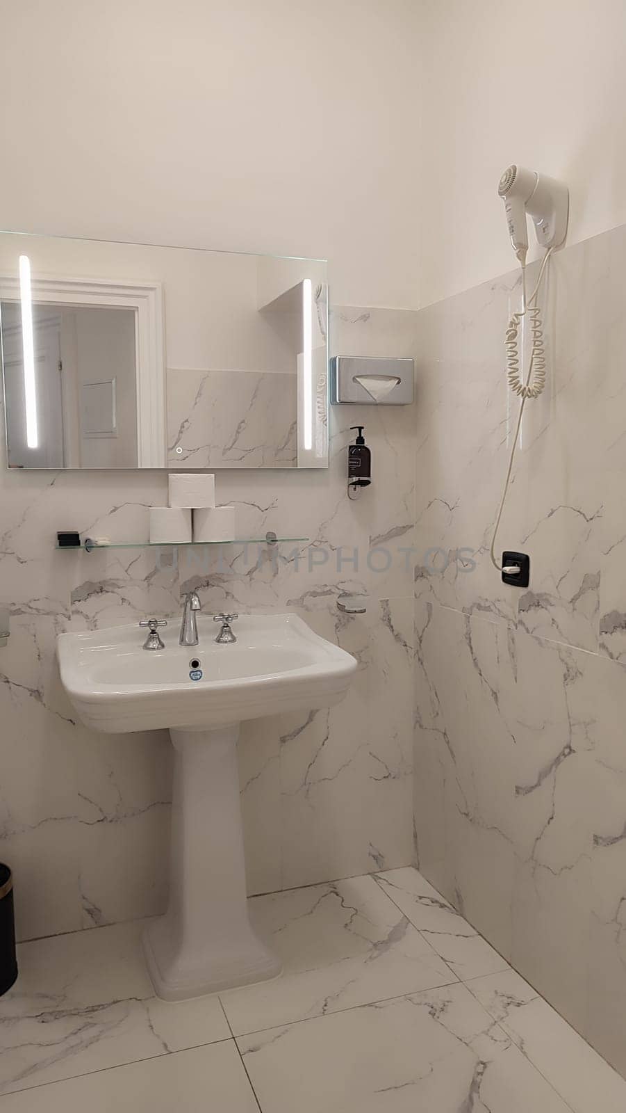 Elegant marble bathroom interior design decor decorations objects architecture ceramic wall white beige indoor house hotel apartment . High quality photo