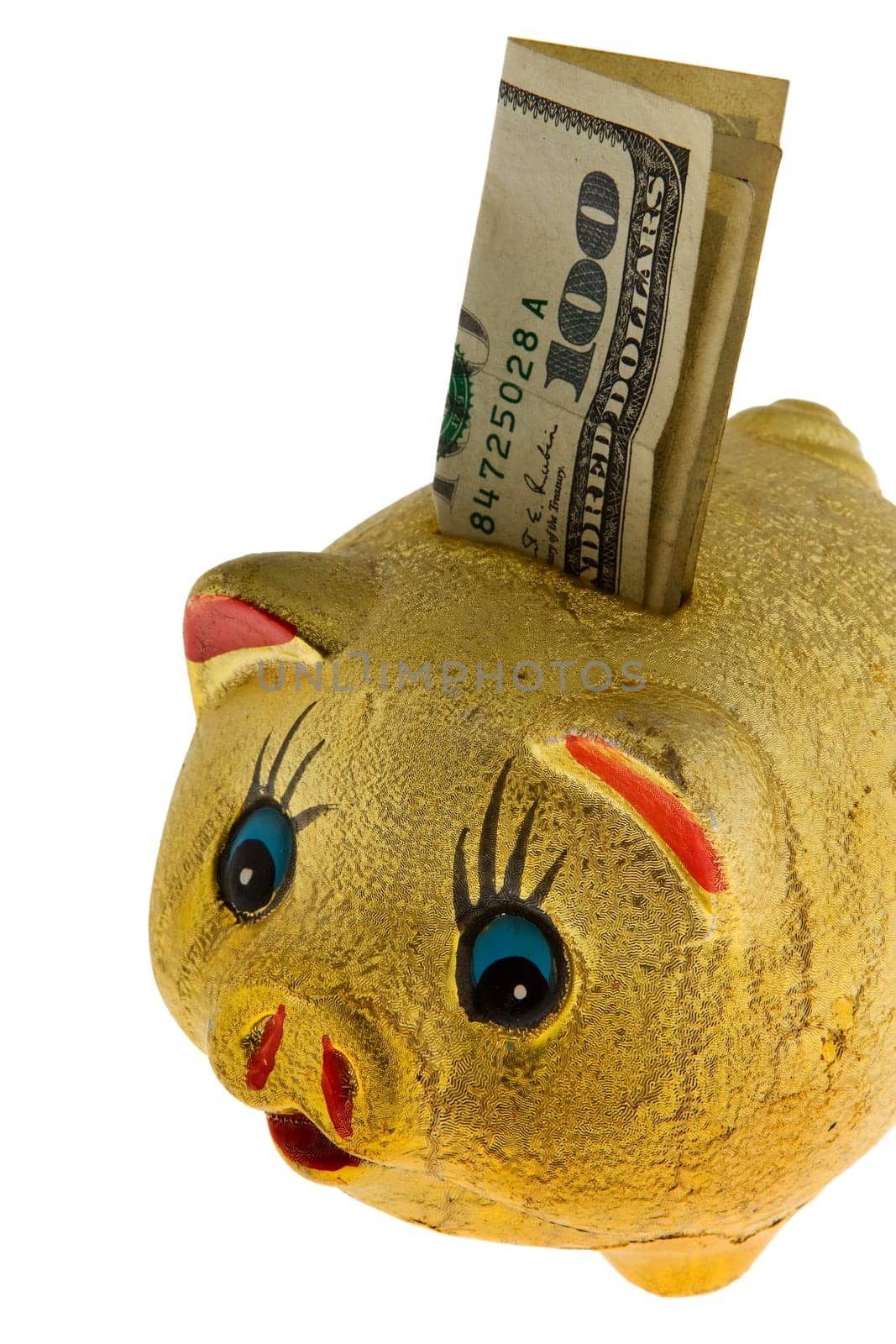 Golden piggy bank with 100 dollars