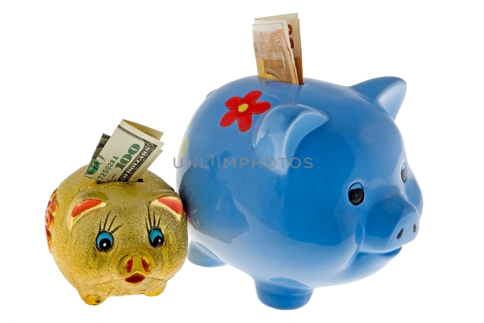 Piggy bank with dollars and euros