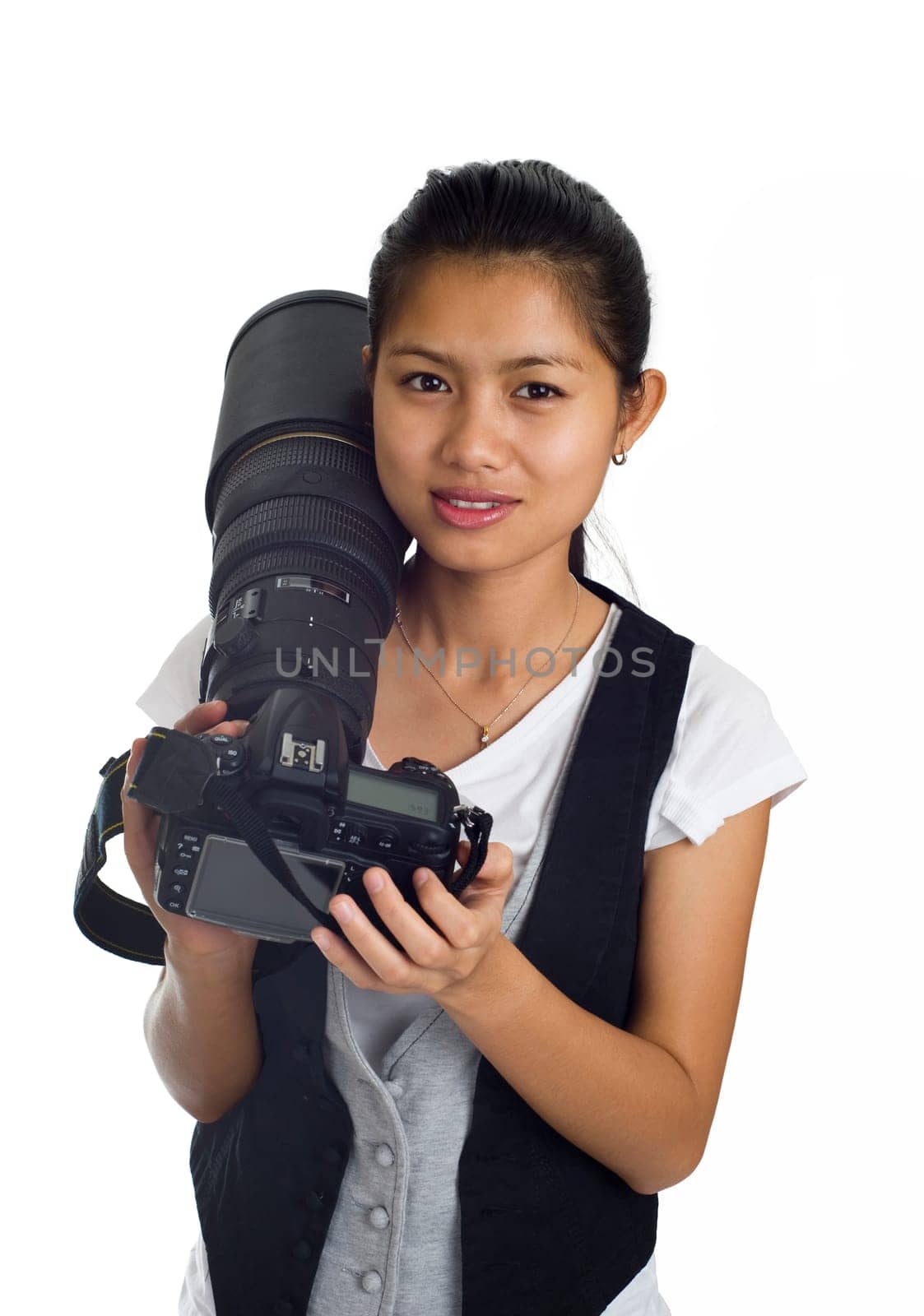 Young asian woman with camera and telephoto