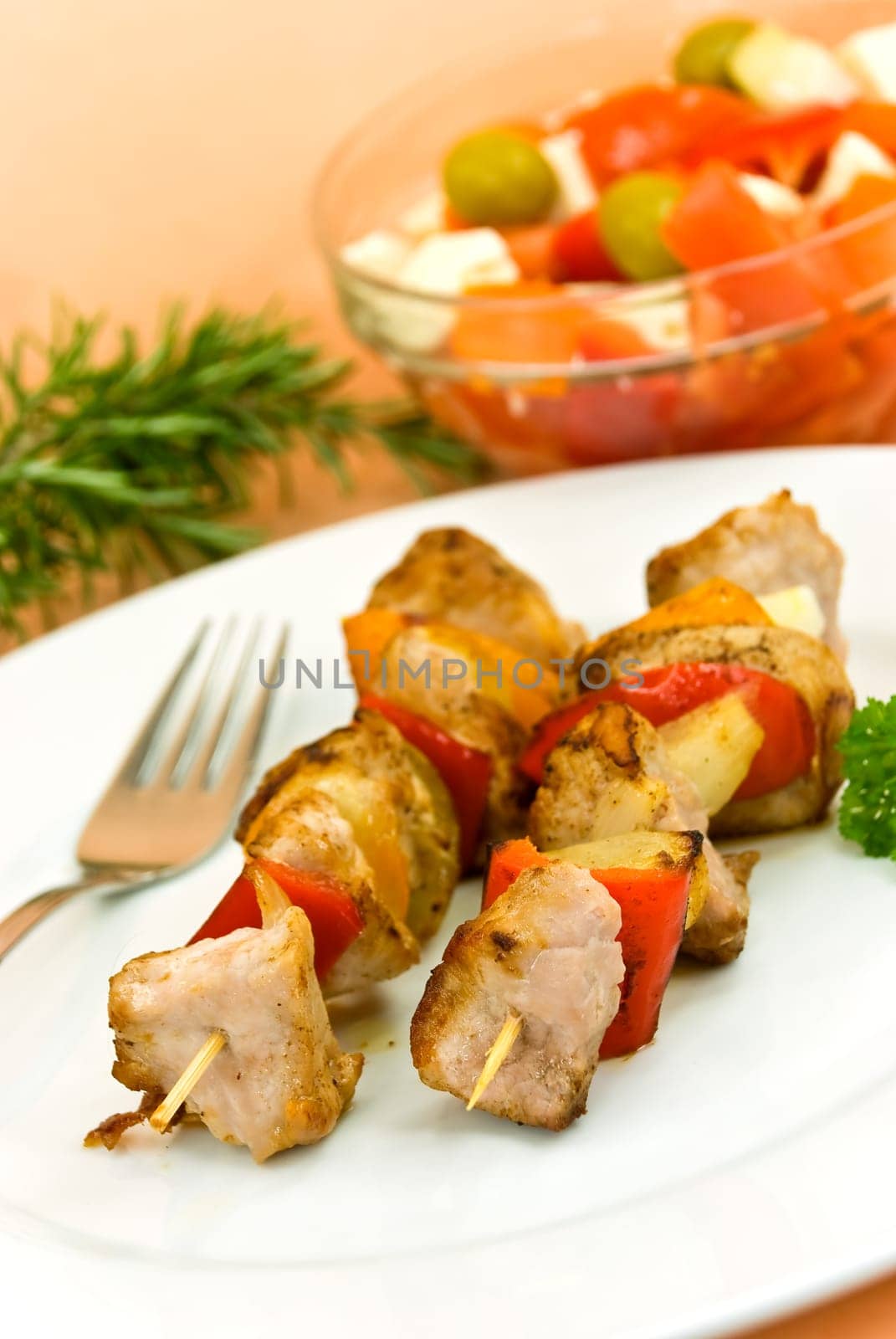 Meat skewer with salad