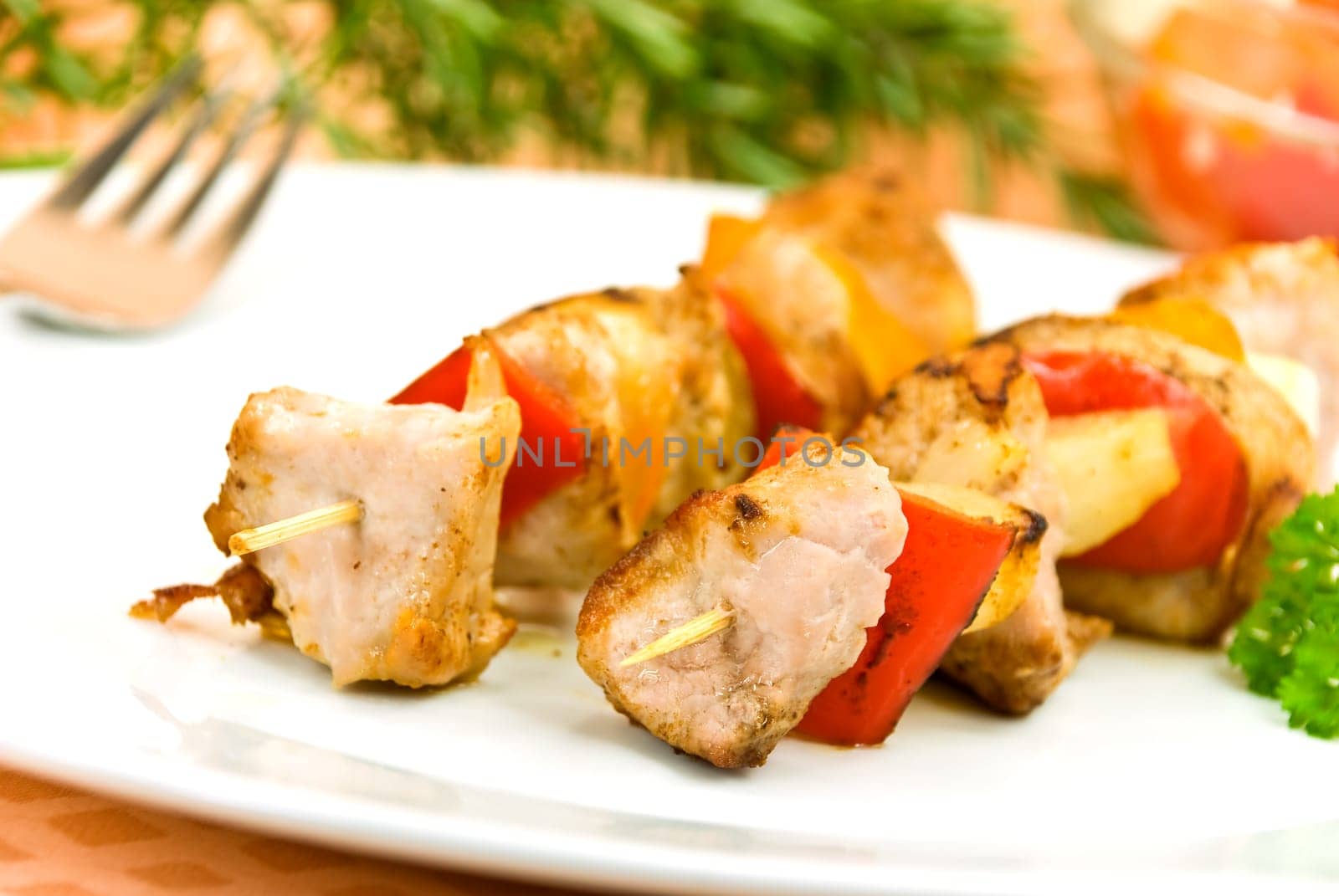 Meat skewer with salad