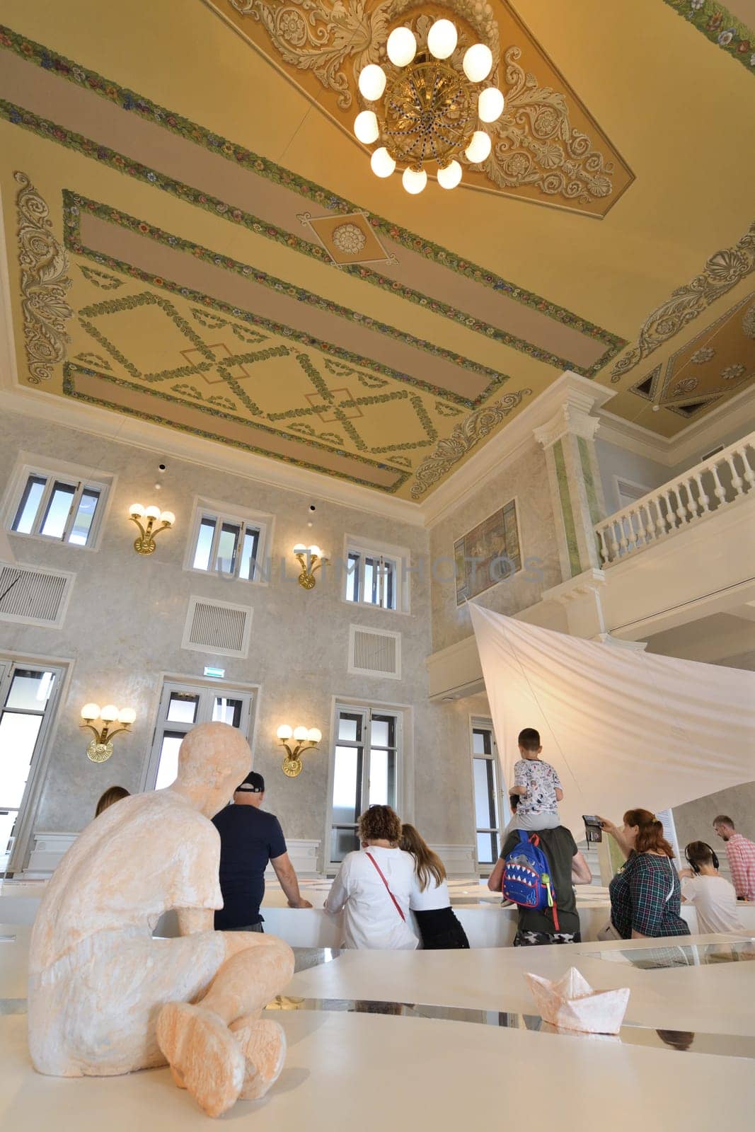 Moscow, Russia - Sept 7. 2024.Museum of Transport exhibition on the history of river clubs in the Northern River Terminal.