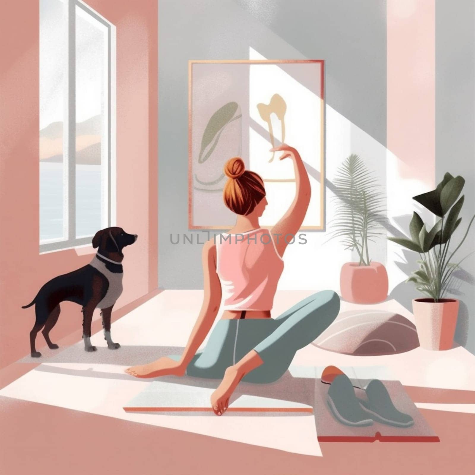 sport dog woman training pose body lifestyle cartoon yoga fitness home. Generative AI. by Vichizh