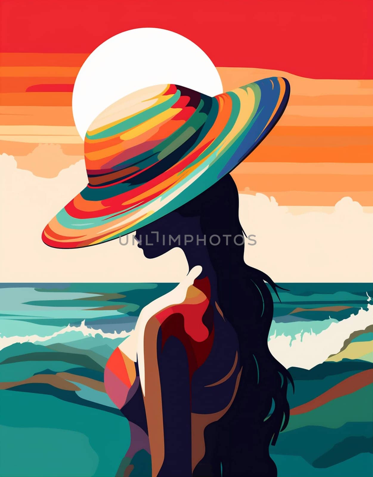 concept woman banner sexy black vacation minimal background travel design fashion african american young body tanned model beige holiday beach hat summer. Generative AI.