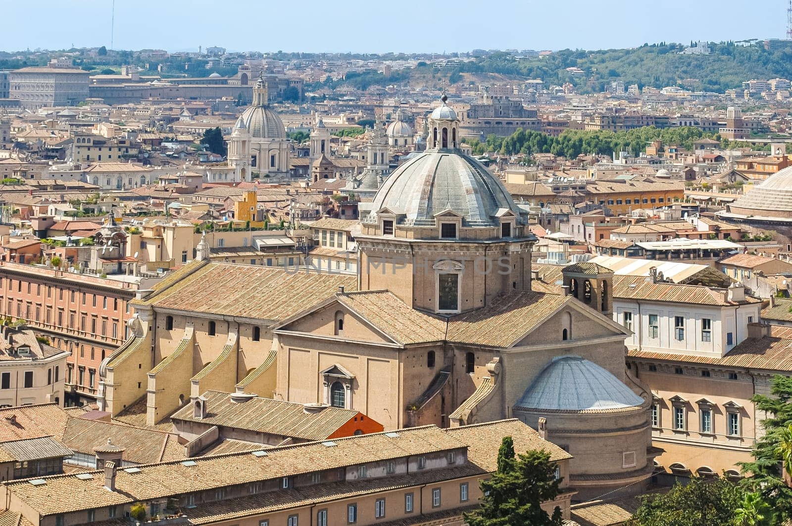 Panoramic view of Rome from the Vittoriano with the Church of the Gesu, seat of the Jesuit order, in the foreground, with the dome of Saint Agnes in Piazza Navona in the background