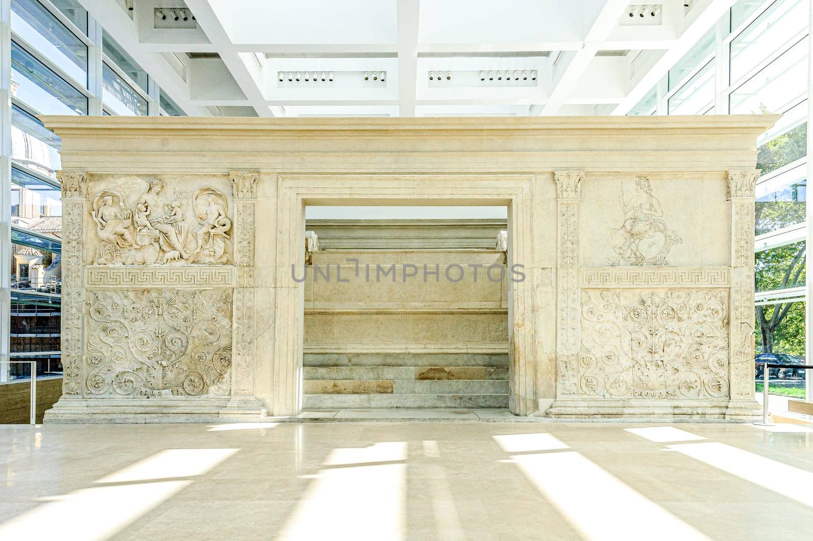 Rome, Italy, August 19, 2008: Ara Pacis. back side. Altar of peace erected by the Roman Senate after the pacification of the empire undertaken by Octavian Augustus
