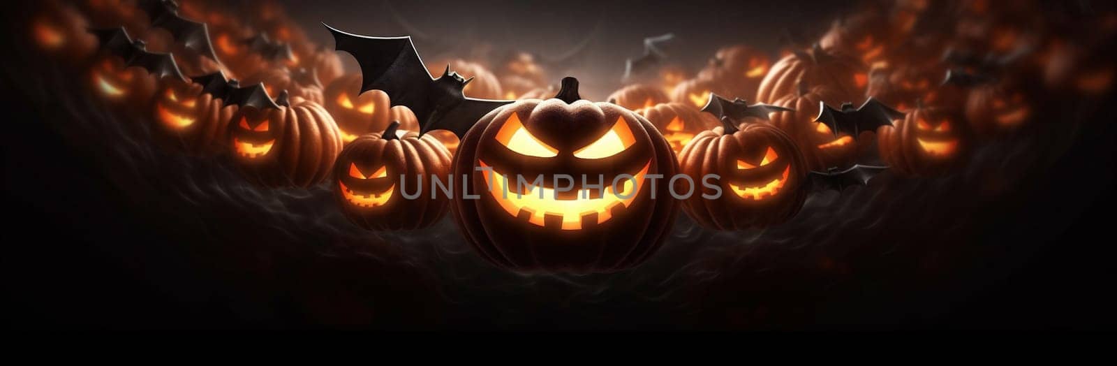 fear night background mystery pumpkin bat blue wooden horror table halloween. Generative AI. by Vichizh