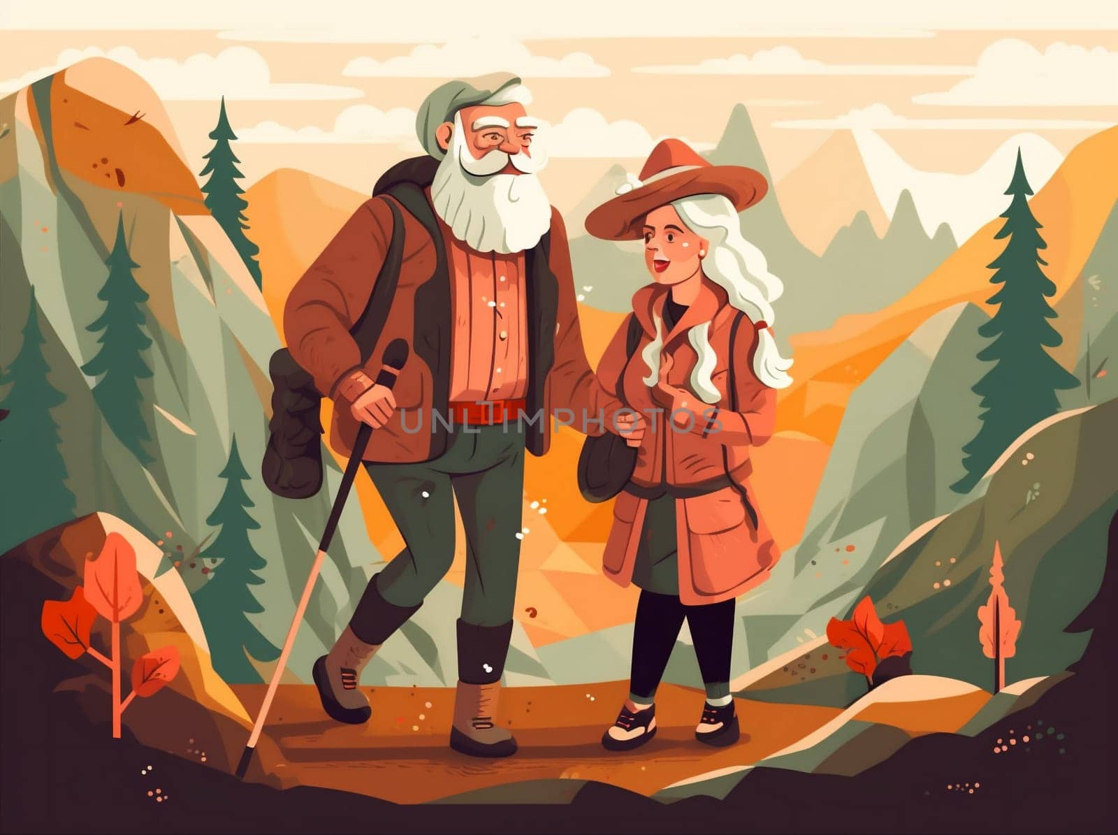 elderly grandfather walking senior couple trekking happy active hiking old. Generative AI. by Vichizh