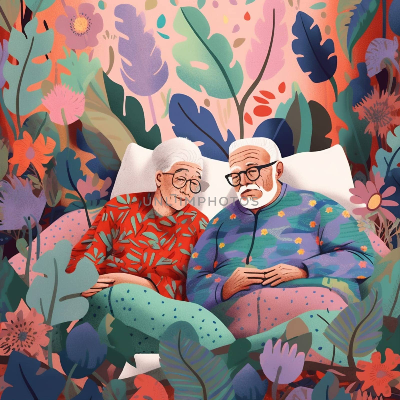 woman bed man love together asleep romantic retired old couple happy female. Generative AI. by Vichizh