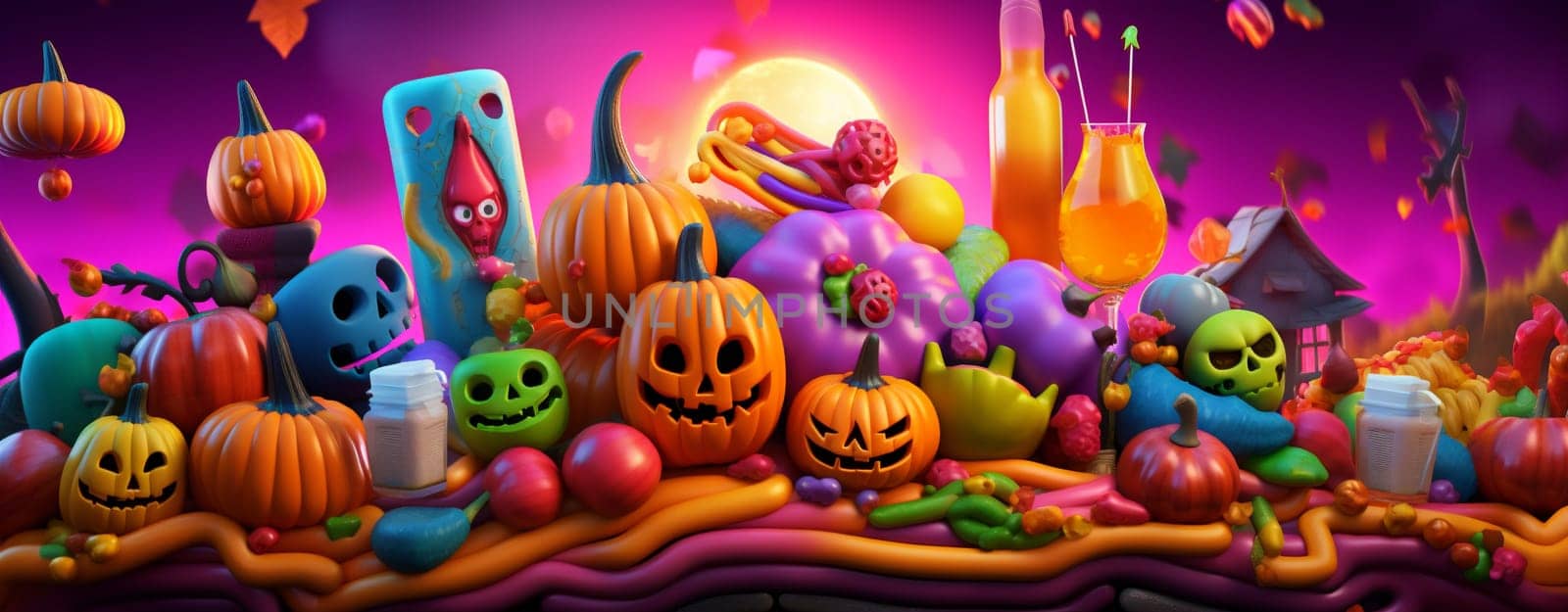purple orange celebration candy party spider halloween pumpkin holiday sweet. Generative AI. by Vichizh