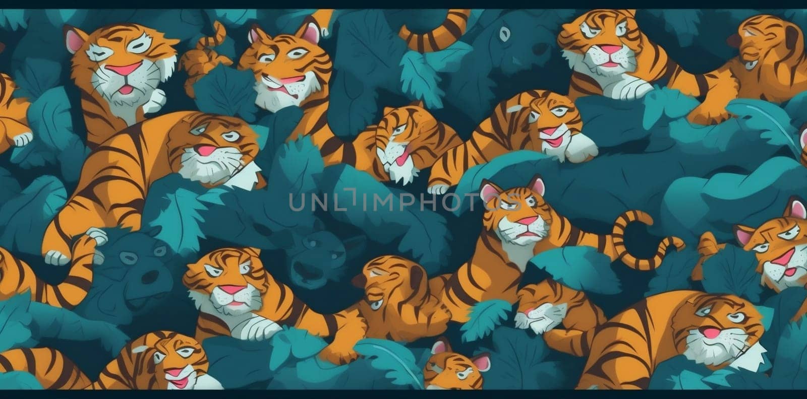 animal tiger stripes pattern graphic predator drawing illustration bengal plant colours safari flower ornament vintage jungle design wildlife art nature. Generative AI.