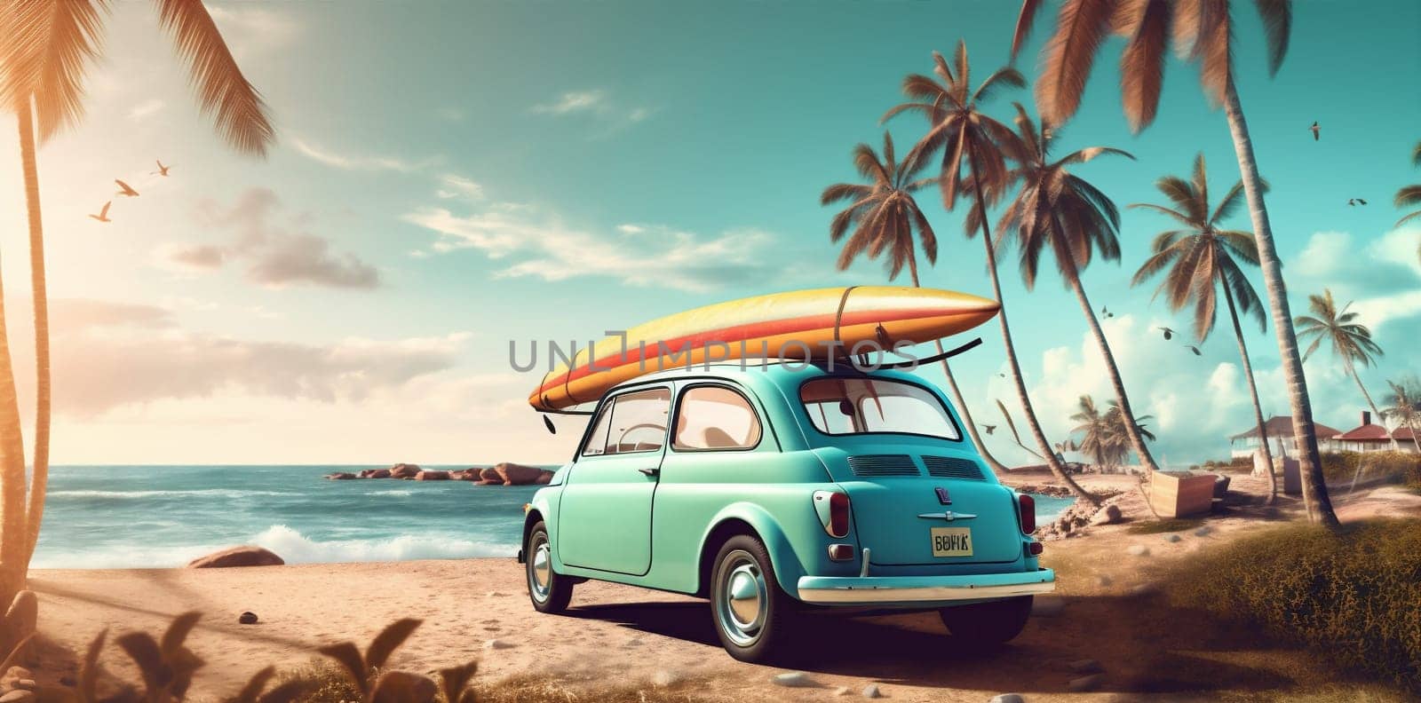 creative tree car sand trip tropical summer road vintage auto vacation travel nature retro traveler sky surfing yellow classic beach. Generative AI.