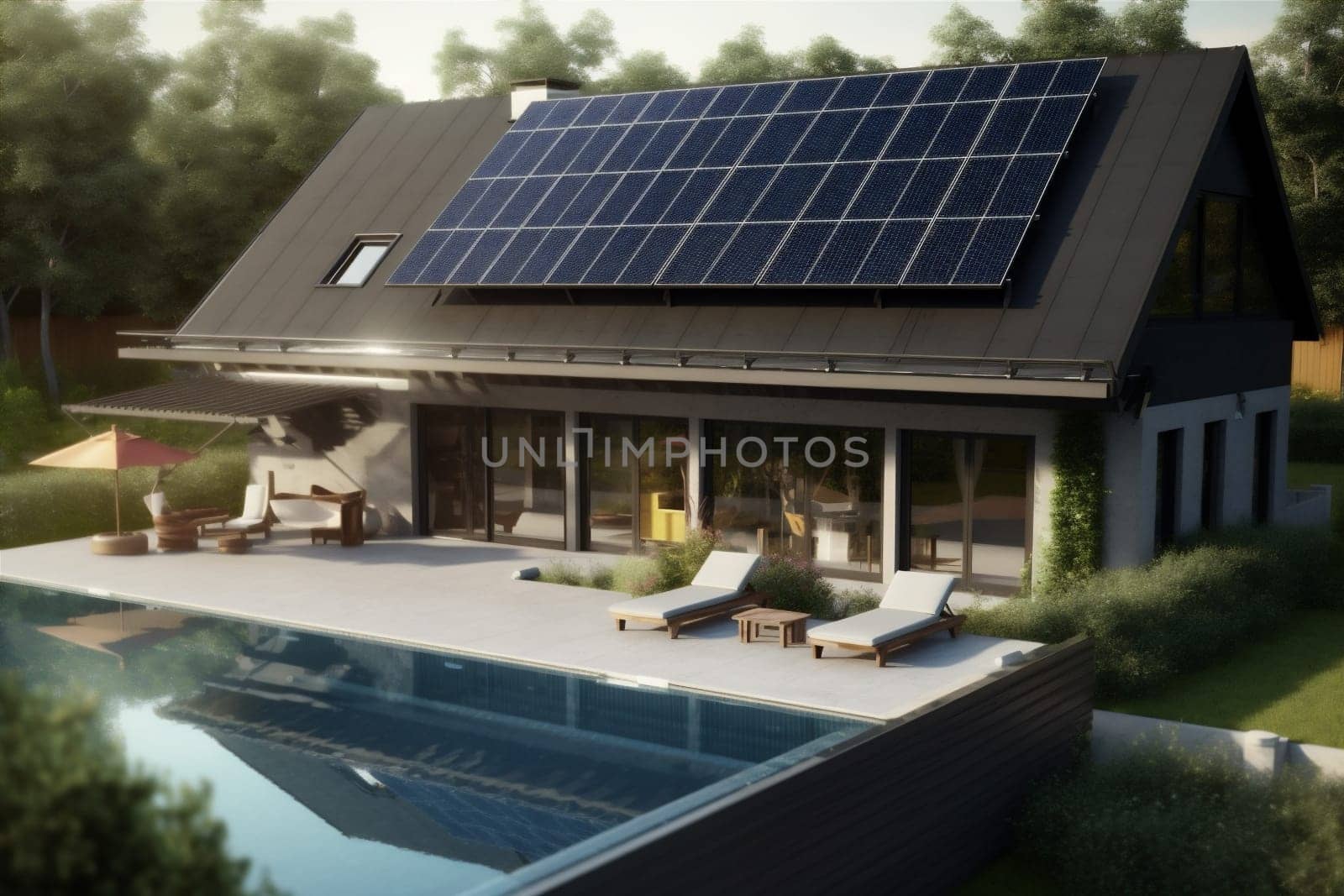 eco design house architecture home power modern energy solar panel. Generative AI. by Vichizh