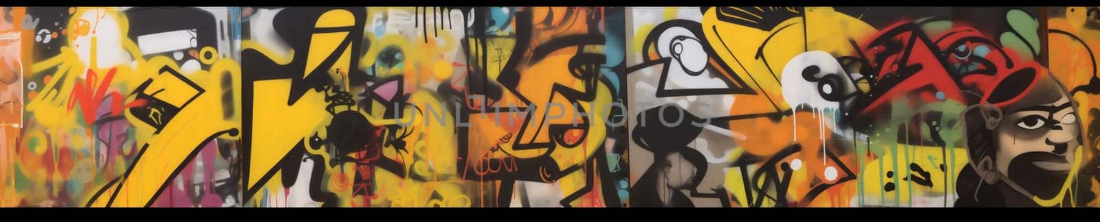 banner art graffiti wall colours paint spray color colourful urban tag element artist hop text colorful street cartoon yellow background vandalism. Generative AI.