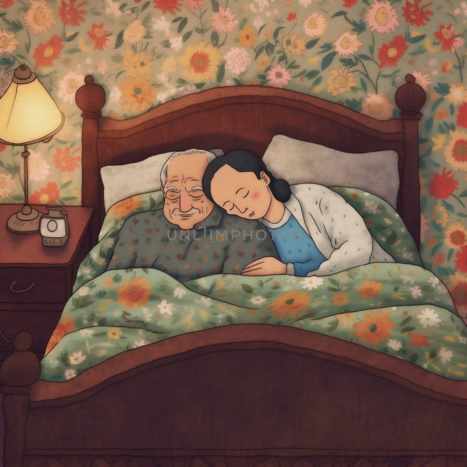 woman man sleeping together bed cartoon bedtime asleep illustration home couple retired male romantic adult old happy partner elderly love happiness aged. Generative AI.