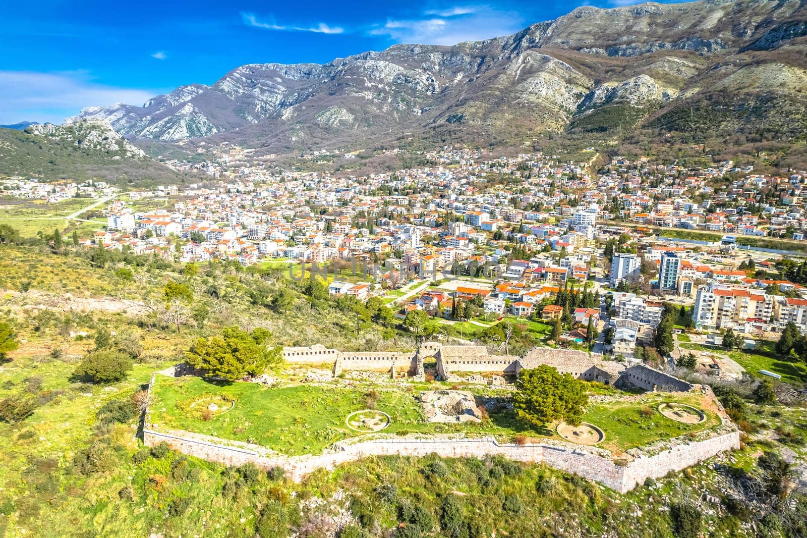 Town of Sutomore hill fortress aerial view, archipelago of Montenegro