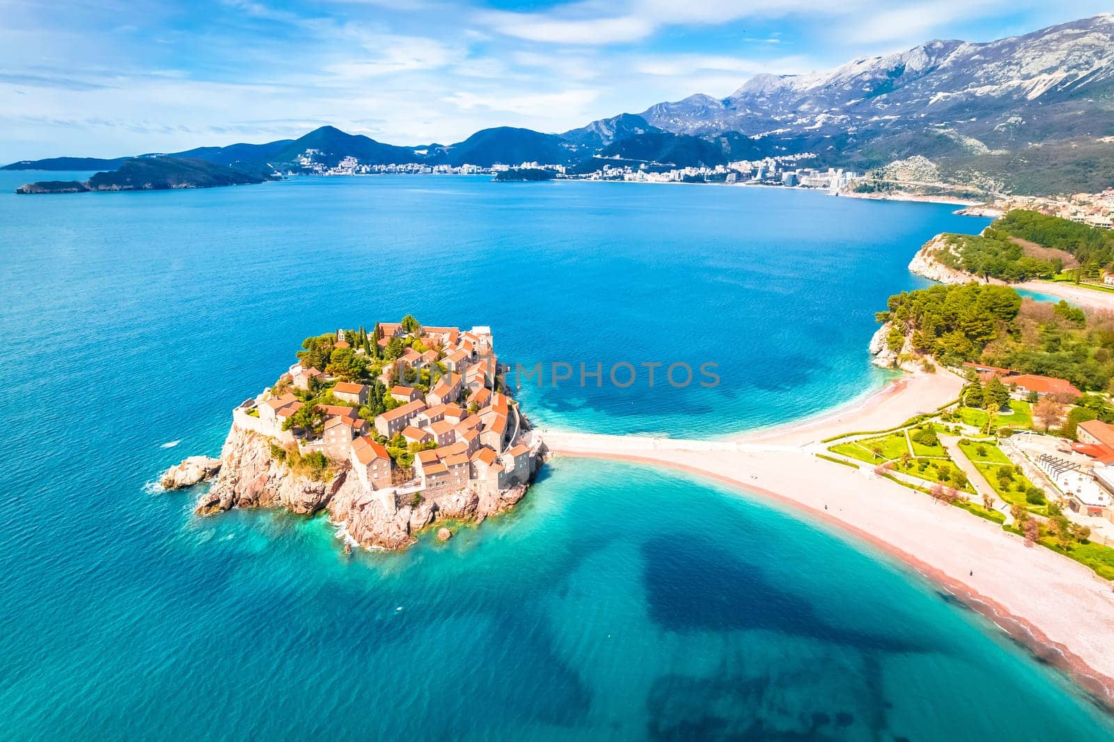 Sveti Stefan historic island village and beach view, archipelago of Montenegro