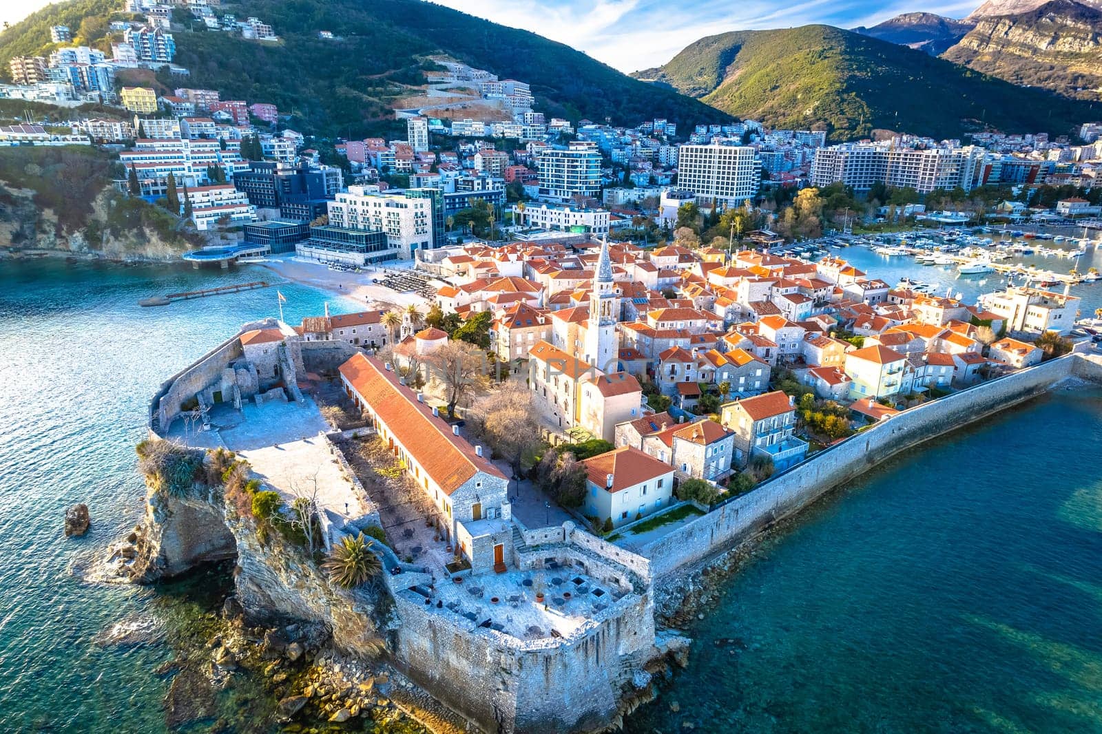 Town of Budva historic architecture aerial view, archipelago of Montenegro