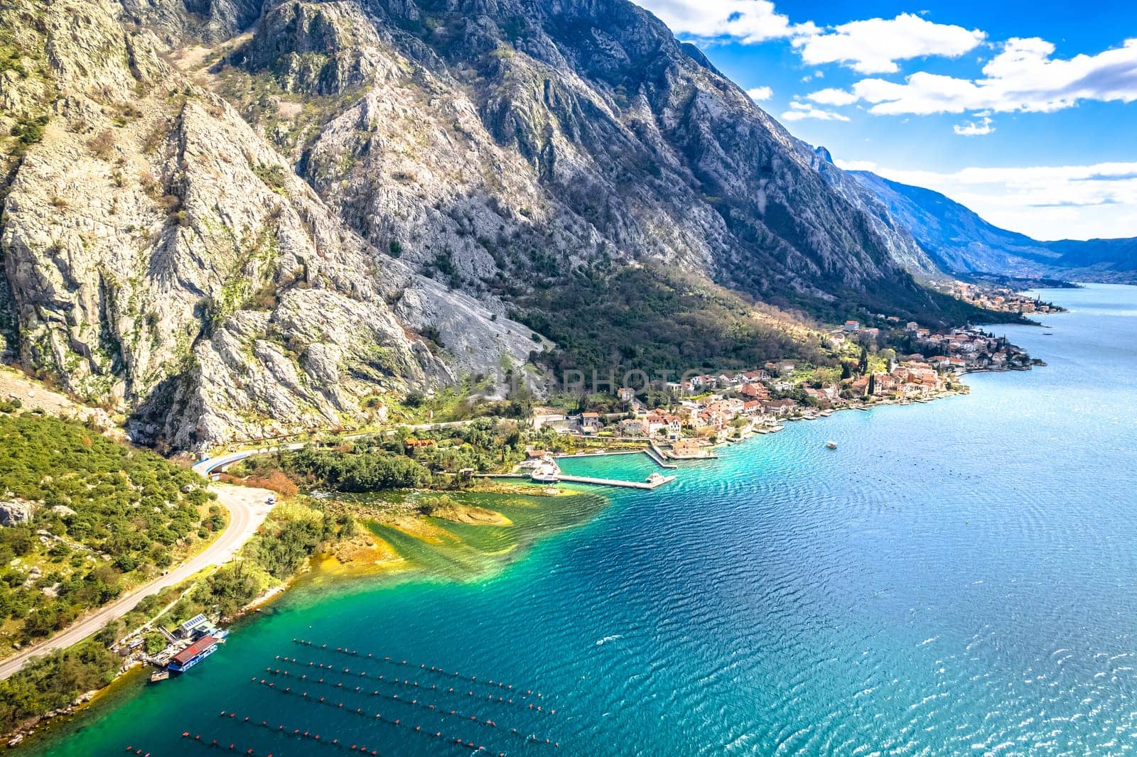 Scenic Boka Kotorska bay village of Ljuta aerial view, archipelago of Montenegro
