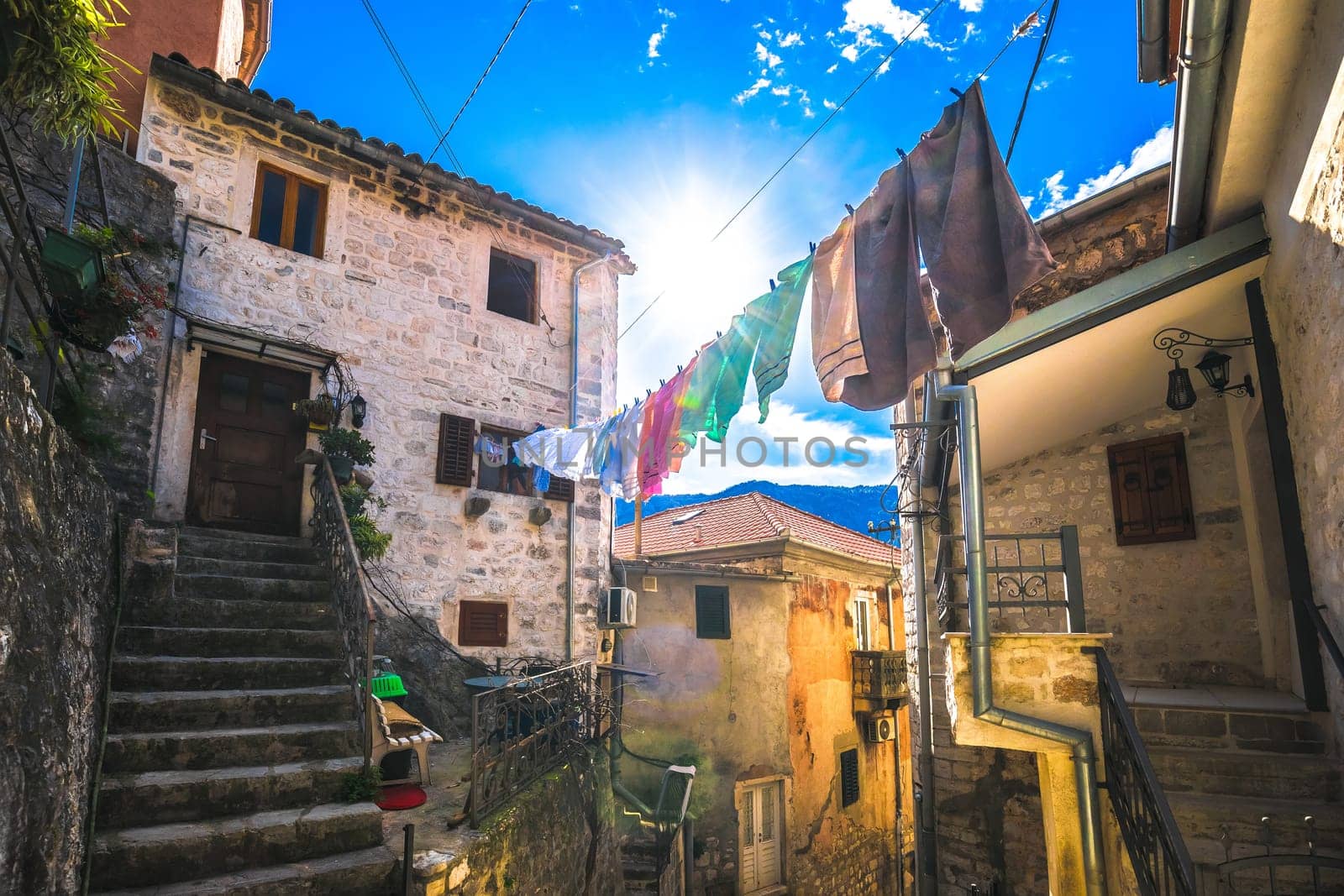 Town of Kotor old stone street view, Boka Kotorska bay of Montenegro